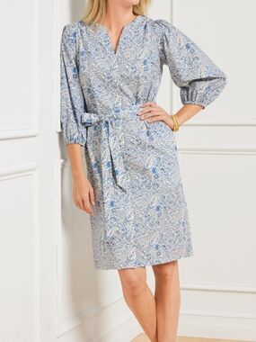 Talbots Blue & White Paisley Tie-Waist Midi Dress